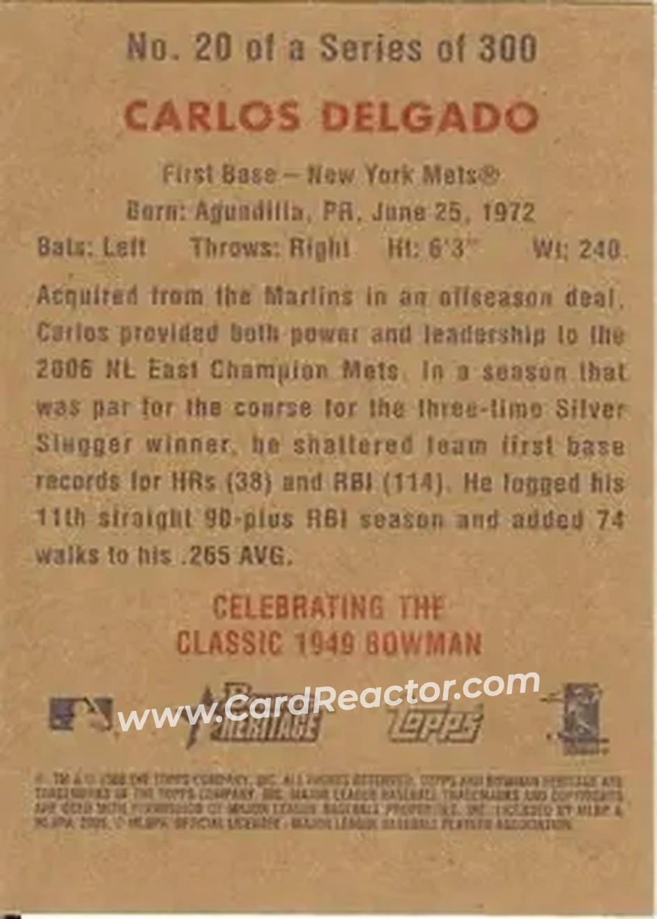 2006 Bowman Heritage #20 - Carlos Delgado - New York Mets - Back
