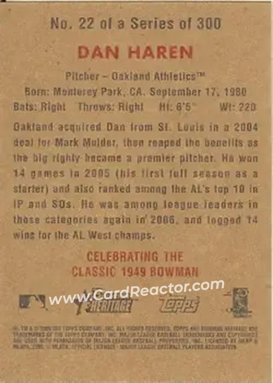 2006 Bowman Heritage #22 - Dan Haren - Oakland Athletics - Back
