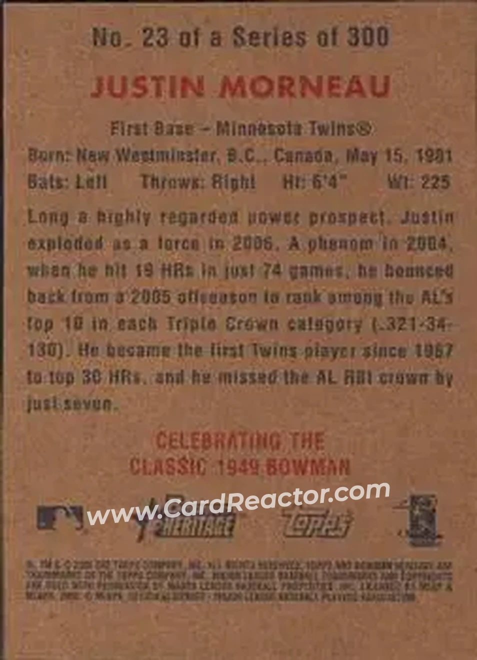 2006 Bowman Heritage #23 - Justin Morneau - Minnesota Twins - Back