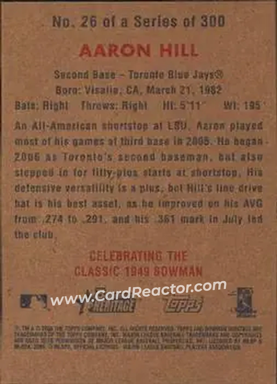 2006 Bowman Heritage #26 - Aaron Hill - Toronto Blue Jays - Back