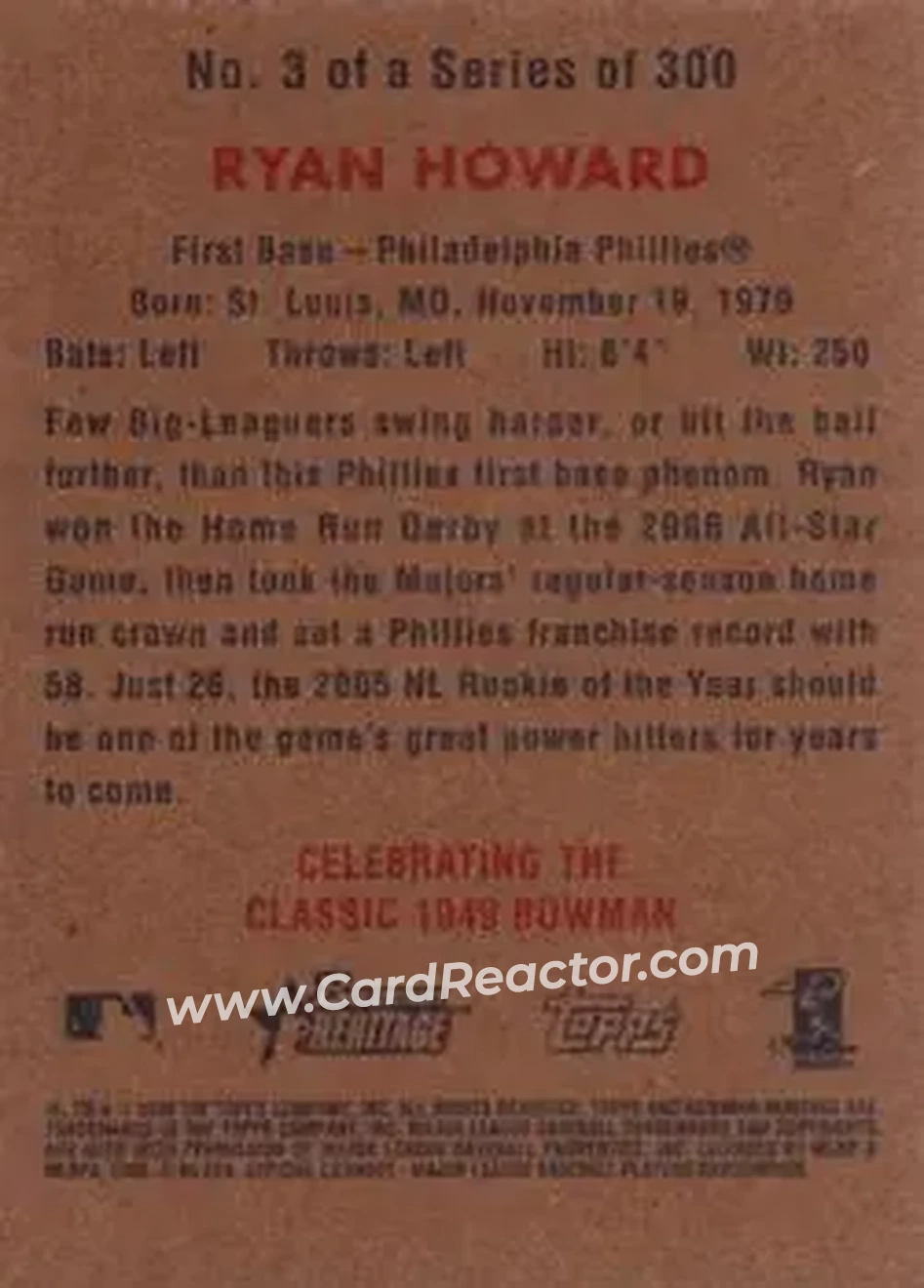 2006 Bowman Heritage #3 - Ryan Howard - Philadelphia Phillies - Back