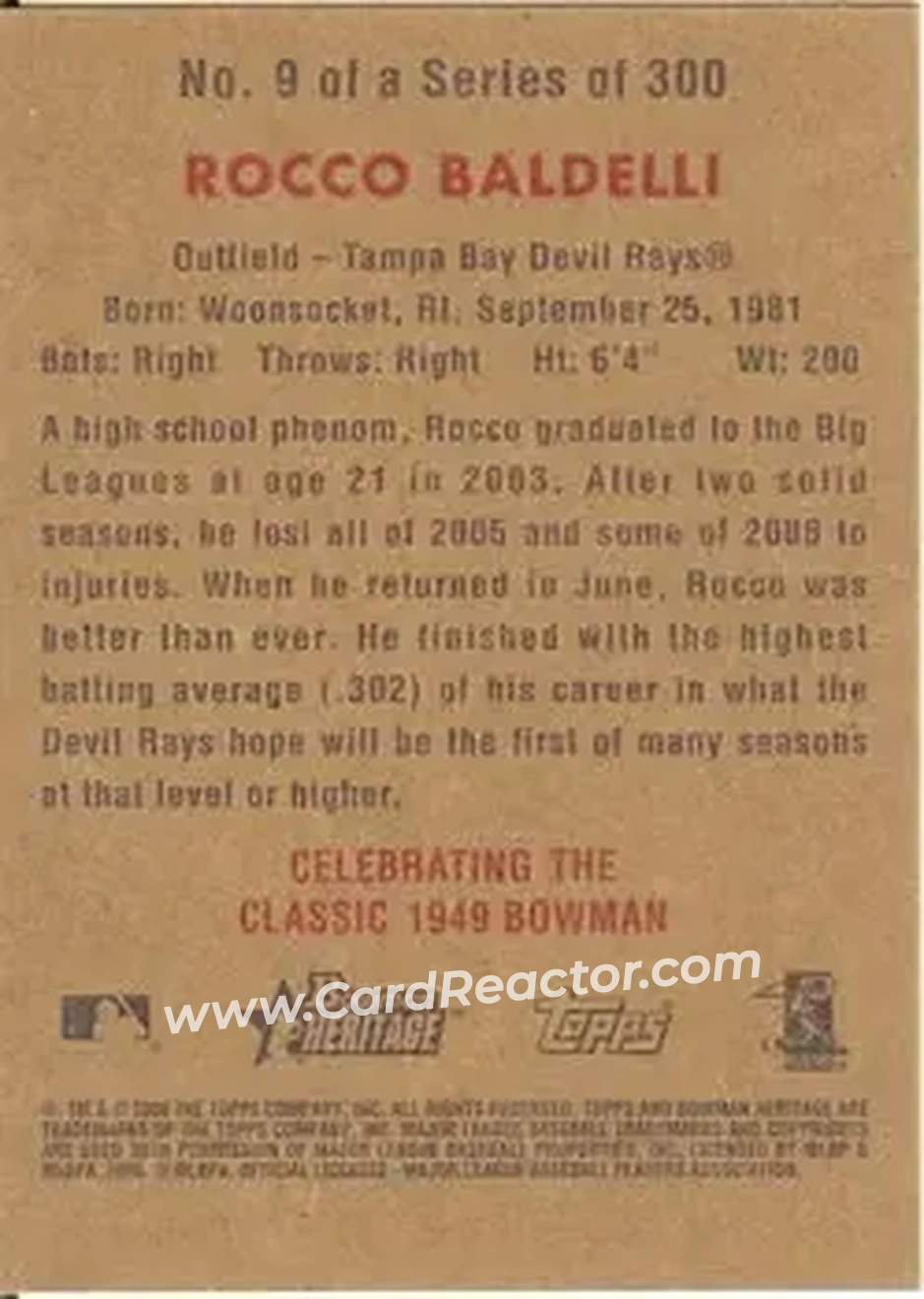 2006 Bowman Heritage #9 - Rocco Baldelli - Tampa Bay Devil Rays - Back