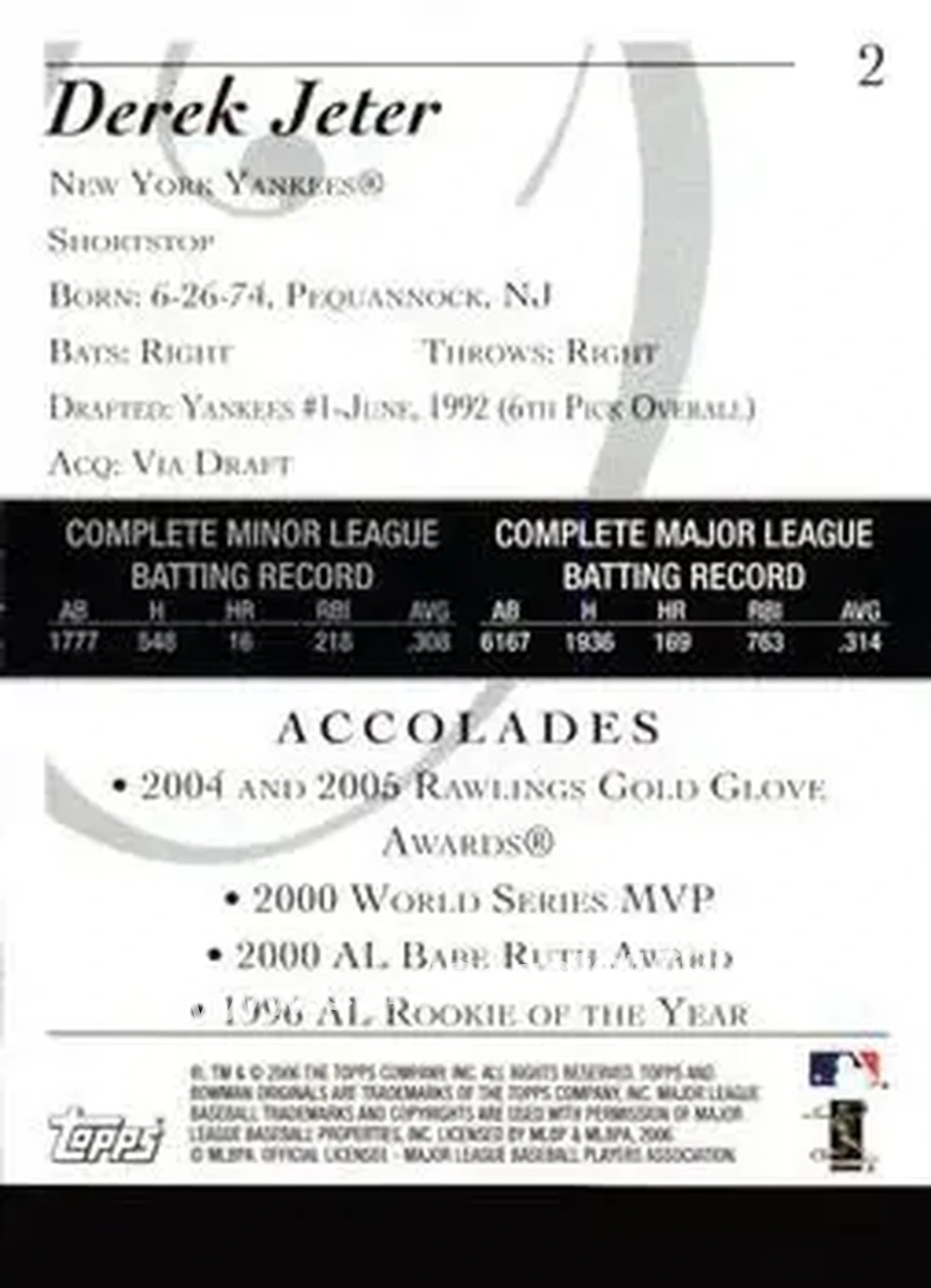 2006 Bowman Originals #2 - Derek Jeter - New York Yankees - Back
