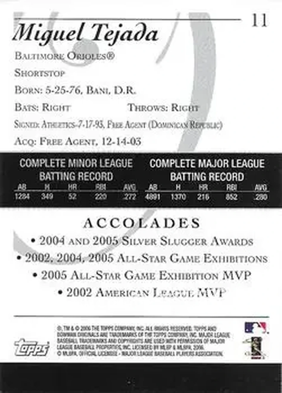 2006 Bowman Originals #11 - Miguel Tejada - Baltimore Orioles - Back