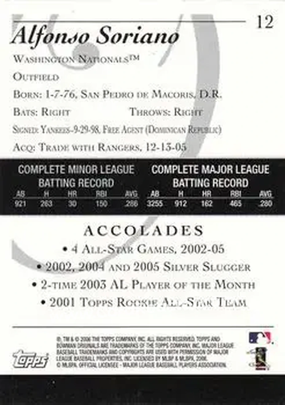 2006 Bowman Originals #12 - Alfonso Soriano - Washington Nationals - Back
