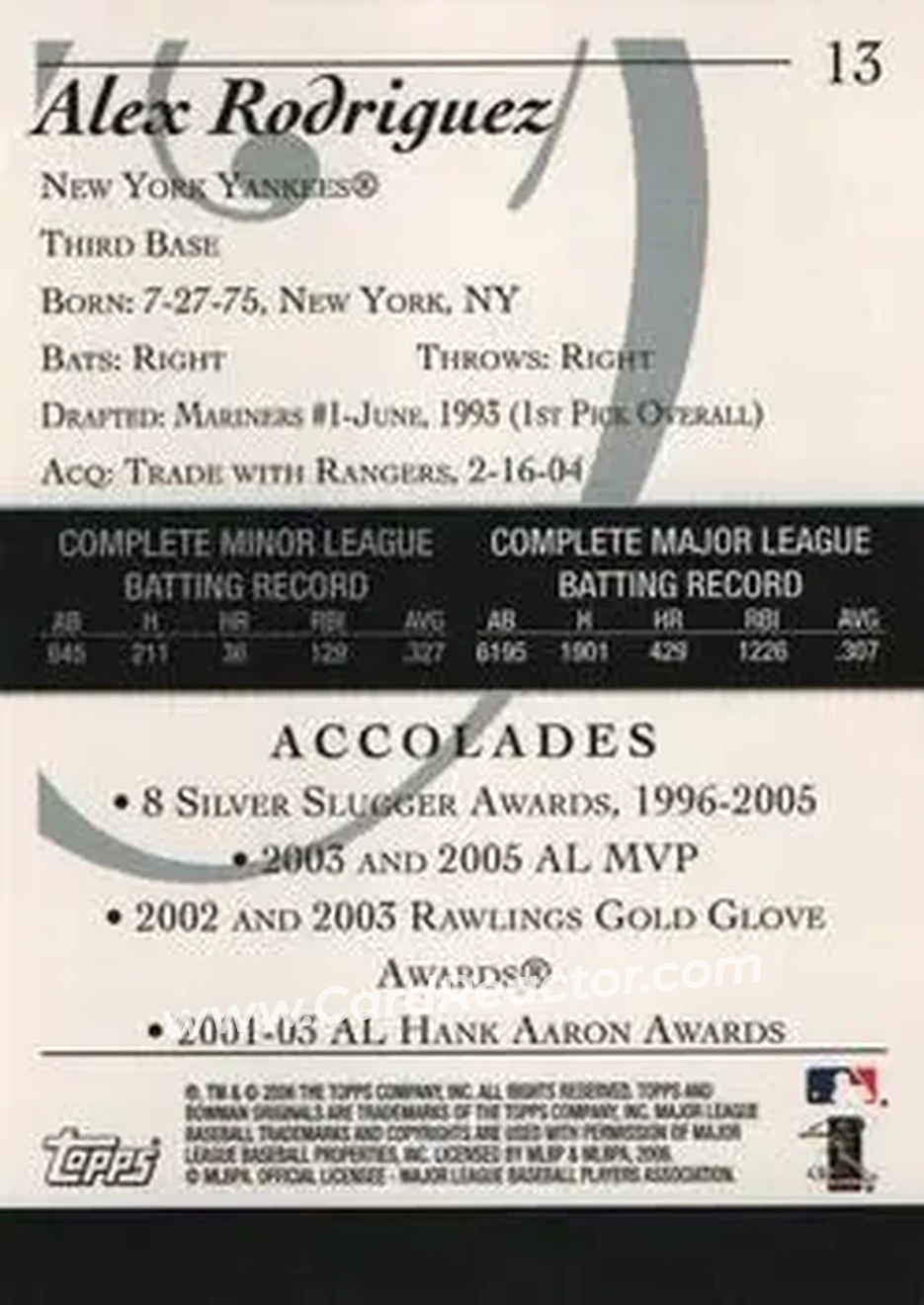 2006 Bowman Originals #13 - Alex Rodriguez - New York Yankees - Back