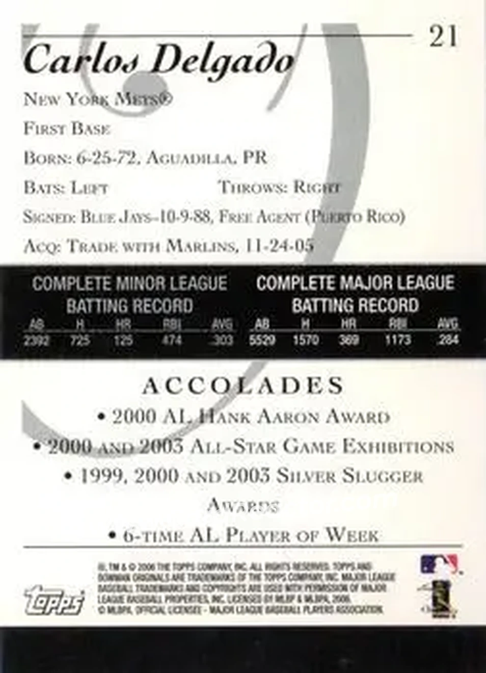 2006 Bowman Originals #21 - Carlos Delgado - New York Mets - Back