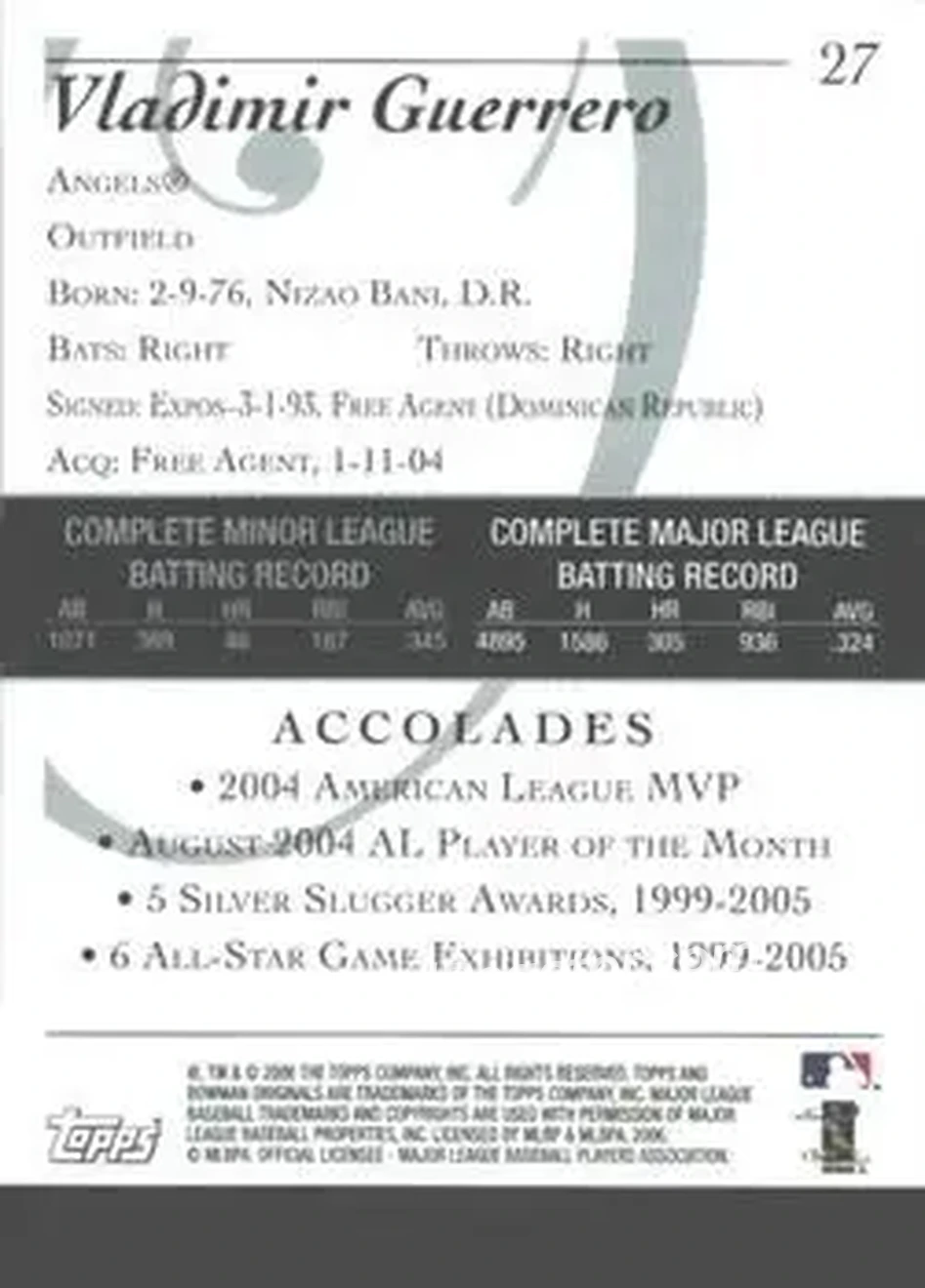 2006 Bowman Originals #27 - Vladimir Guerrero - Los Angeles Angels - Back