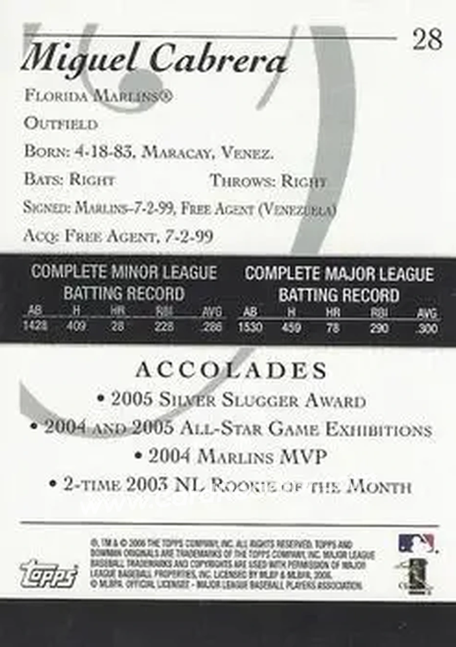 2006 Bowman Originals #28 - Miguel Cabrera - Florida Marlins - Back