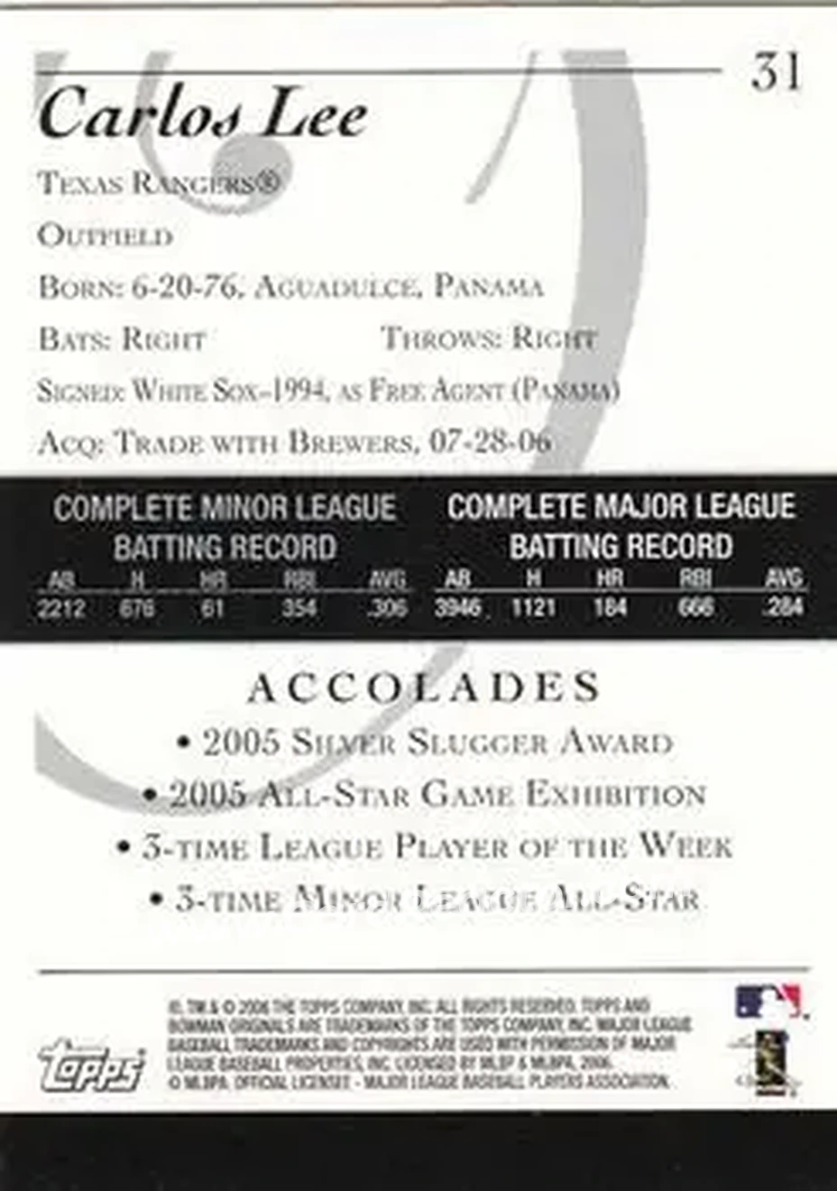 2006 Bowman Originals #31 - Carlos Lee - Texas Rangers - Back