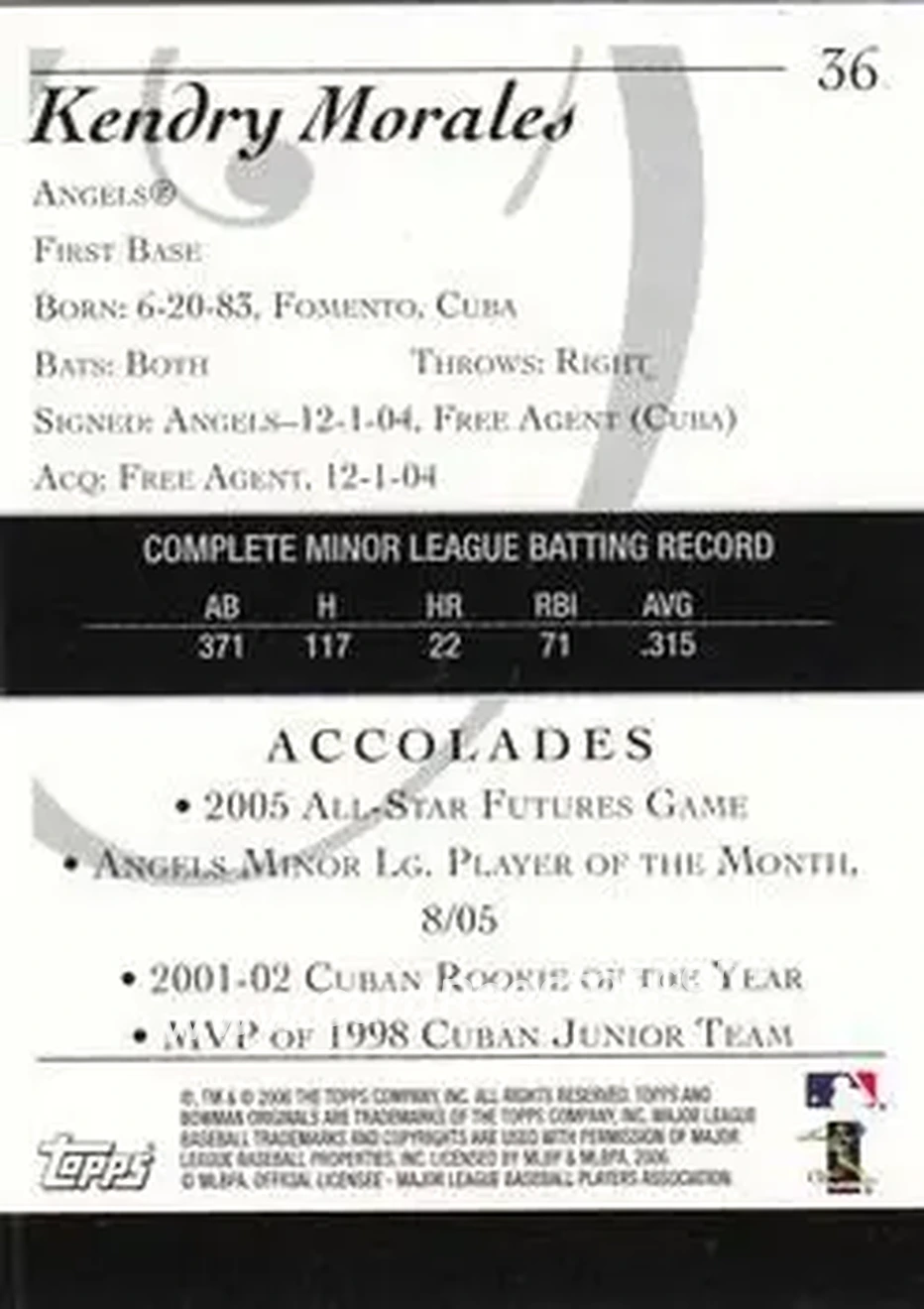 2006 Bowman Originals #36 - Kendrys Morales - Los Angeles Angels - Back