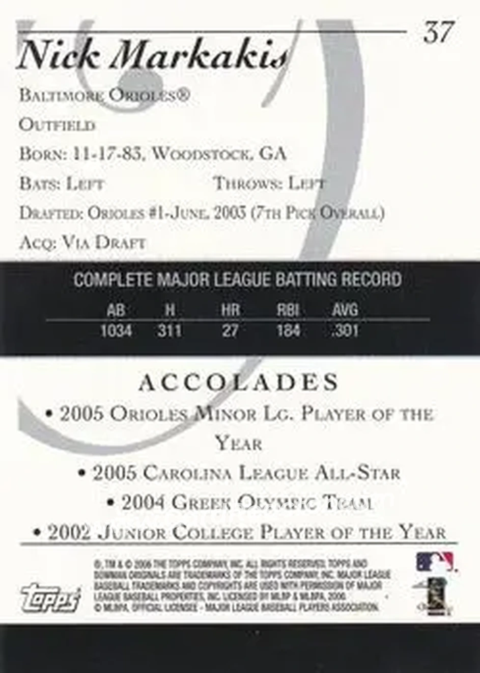2006 Bowman Originals #37 - Nick Markakis - Baltimore Orioles - Back