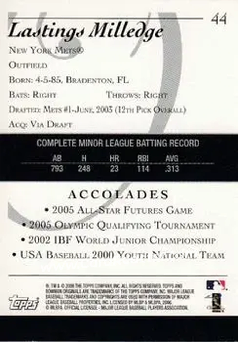 2006 Bowman Originals #44 - Lastings Milledge - New York Mets - Back 2006 Bowman Originals #44 - Lastings Milledge - New York Mets - Back