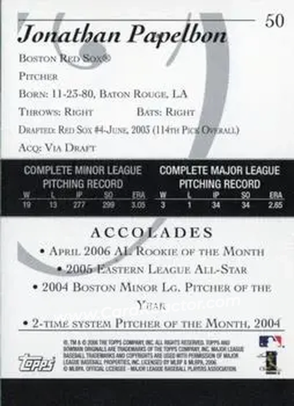 2006 Bowman Originals #50 - Jonathan Papelbon - Boston Red Sox - Back