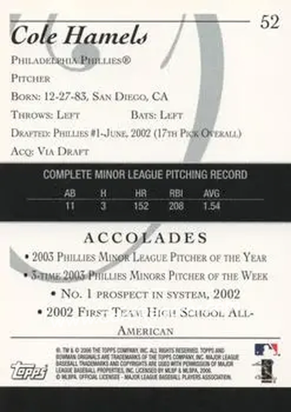2006 Bowman Originals #52 - Cole Hamels - Philadelphia Phillies - Back