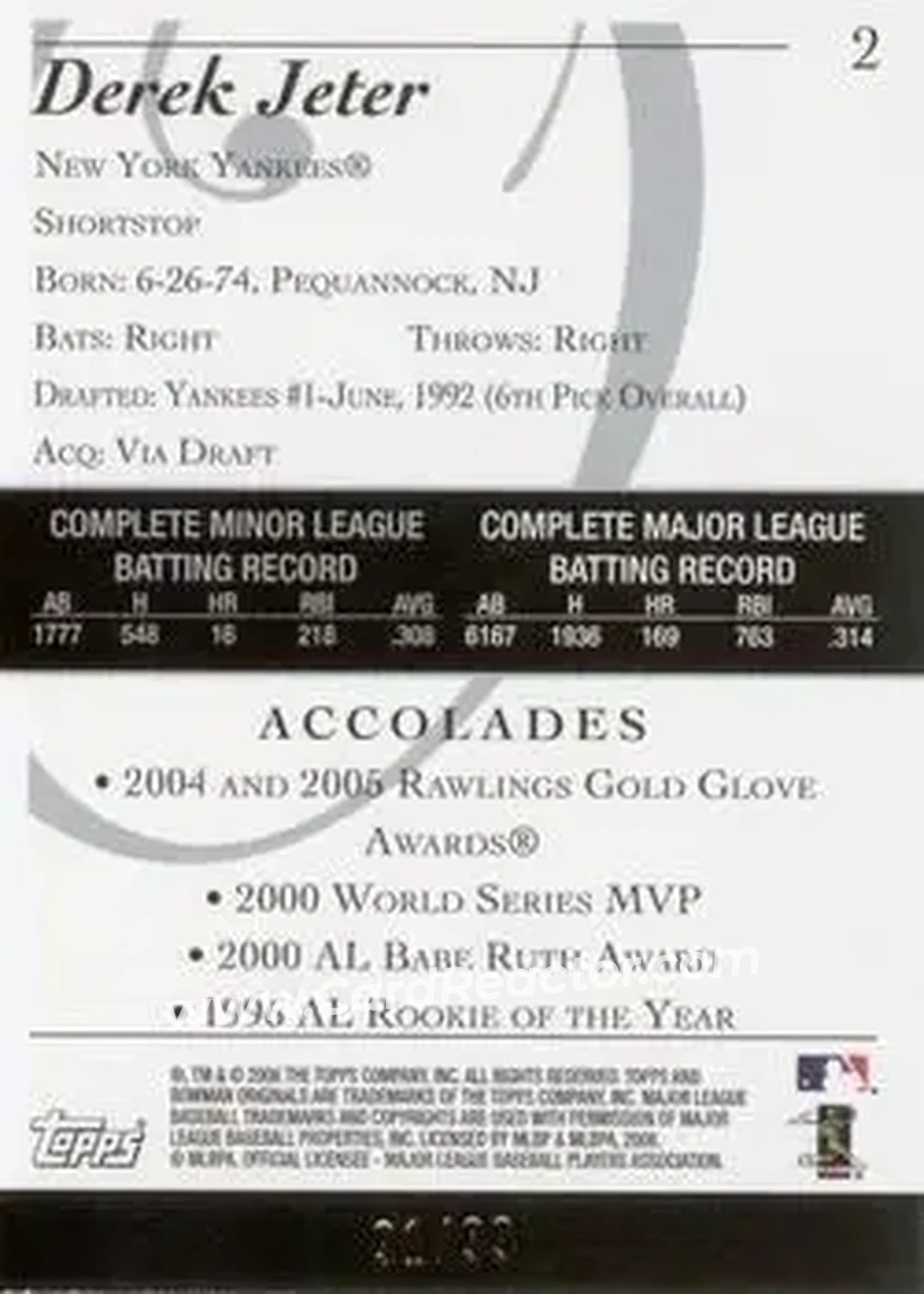 2006 Bowman Originals - Black #2 - Derek Jeter - New York Yankees - Back