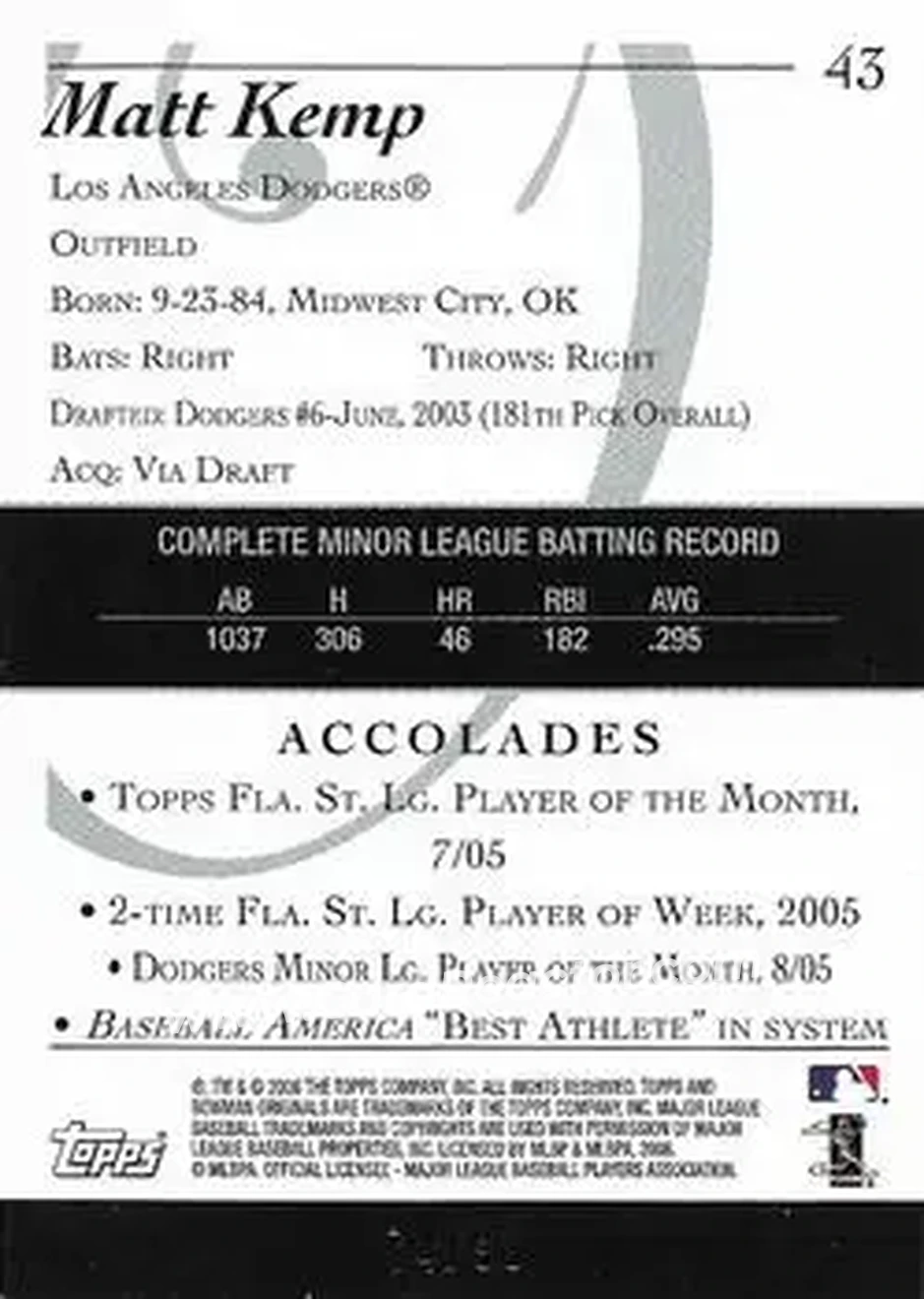 2006 Bowman Originals - Black #43 - Matt Kemp - Los Angeles Dodgers - Back 2006 Bowman Originals - Black #43 - Matt Kemp - Los Angeles Dodgers - Back