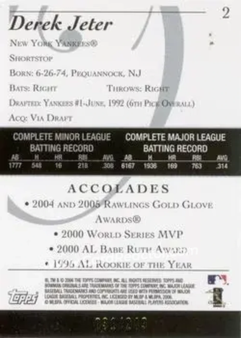 2006 Bowman Originals - Blue #2 - Derek Jeter - New York Yankees - Back