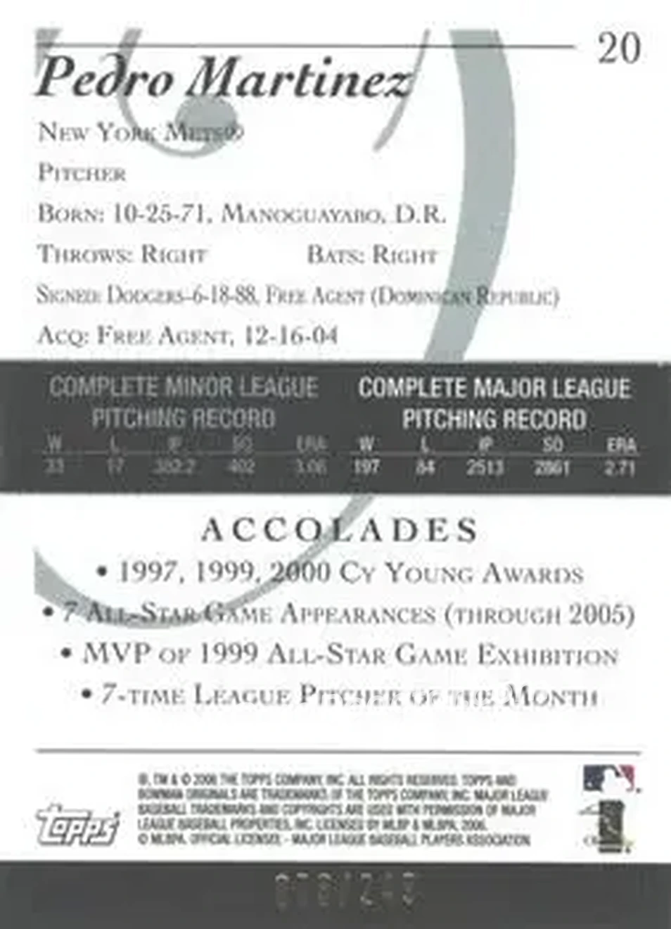 2006 Bowman Originals - Blue #20 - Pedro Martinez - New York Mets - Back 2006 Bowman Originals - Blue #20 - Pedro Martinez - New York Mets - Back