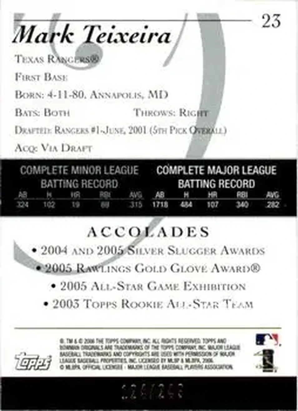 2006 Bowman Originals - Blue #23 - Mark Teixeira - Texas Rangers - Back