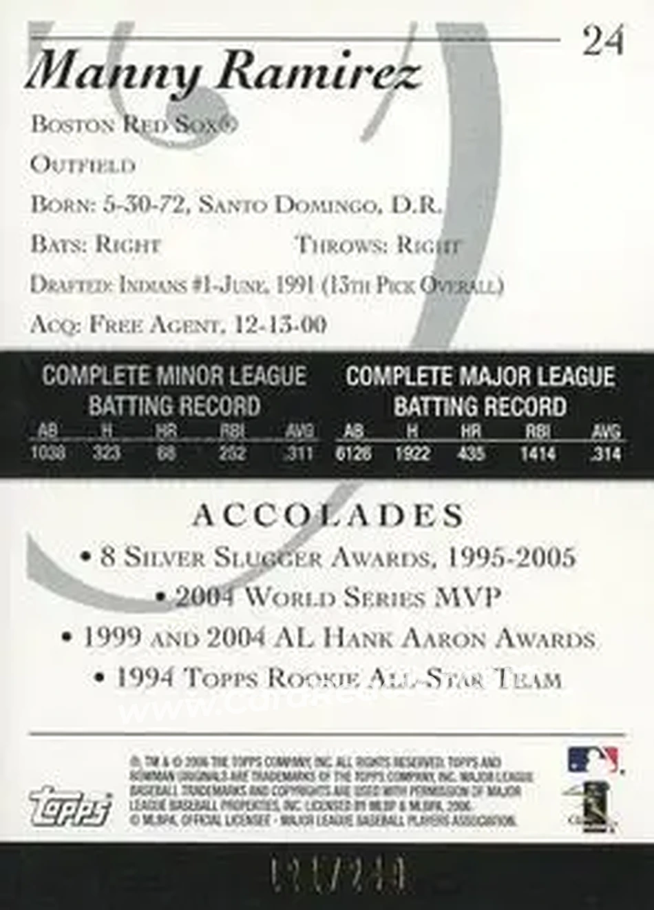 2006 Bowman Originals - Blue #24 - Manny Ramirez - Boston Red Sox - Back