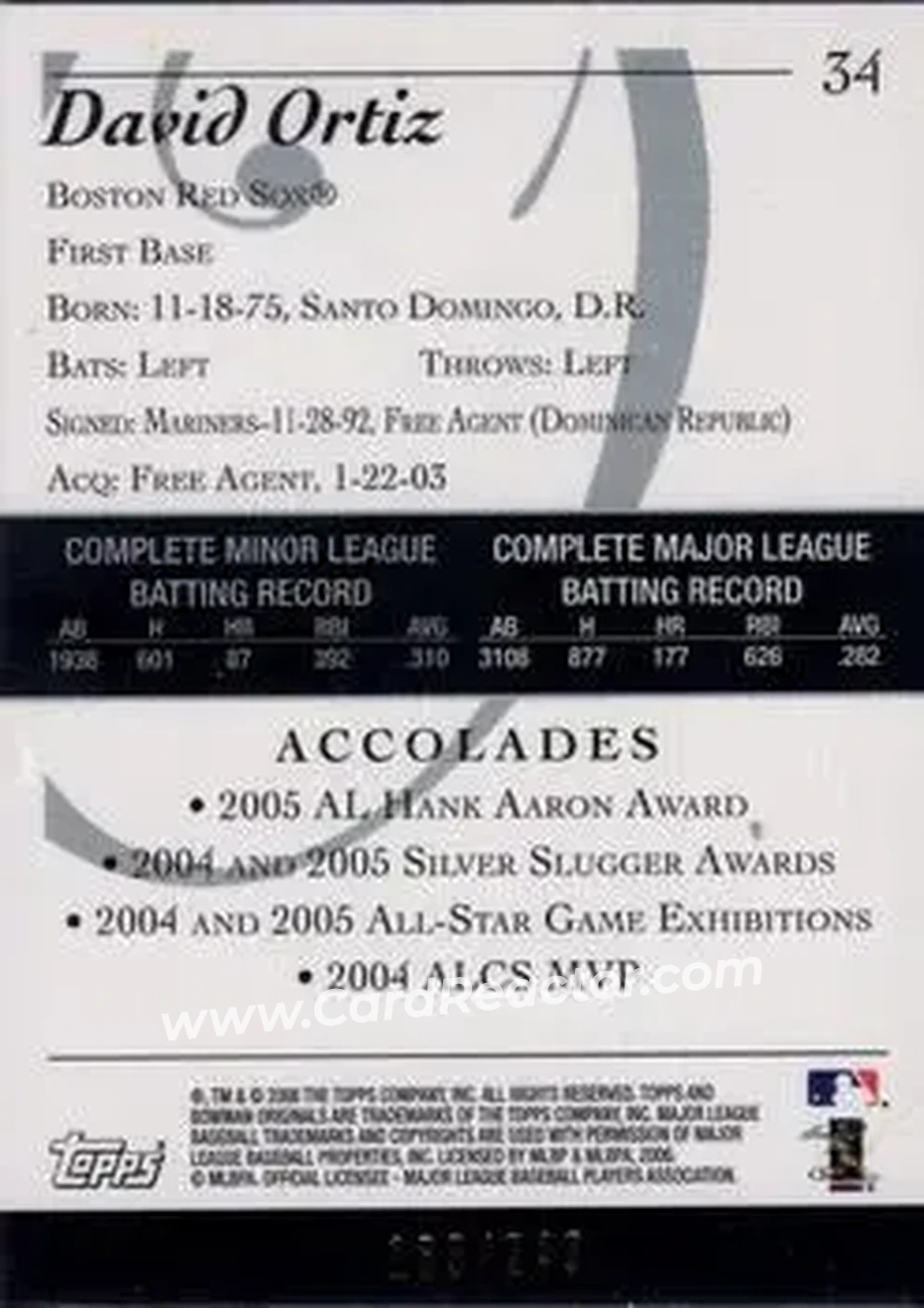 2006 Bowman Originals - Blue #34 - David Ortiz - Boston Red Sox - Back