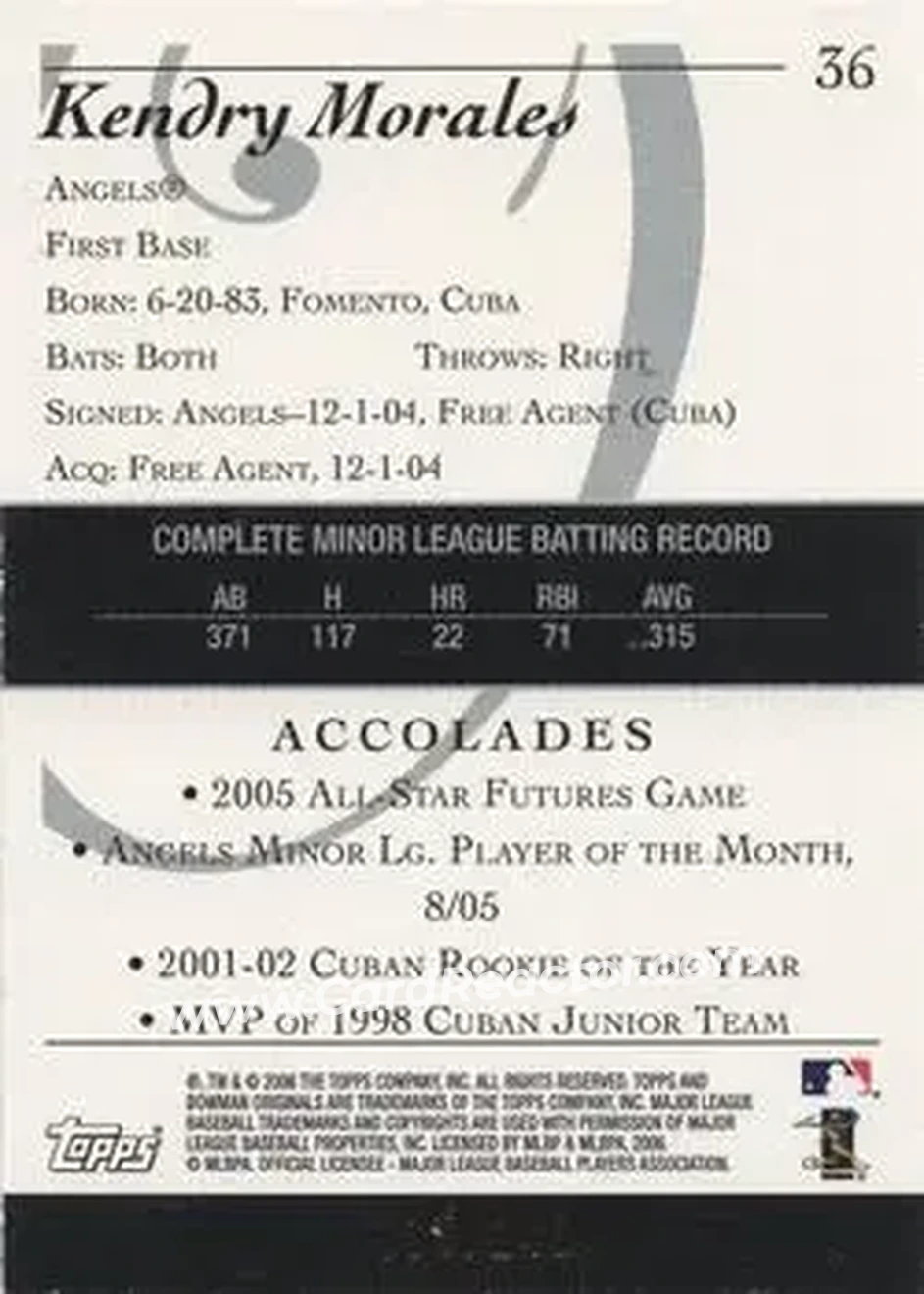 2006 Bowman Originals - Blue #36 - Kendrys Morales - Los Angeles Angels - Back
