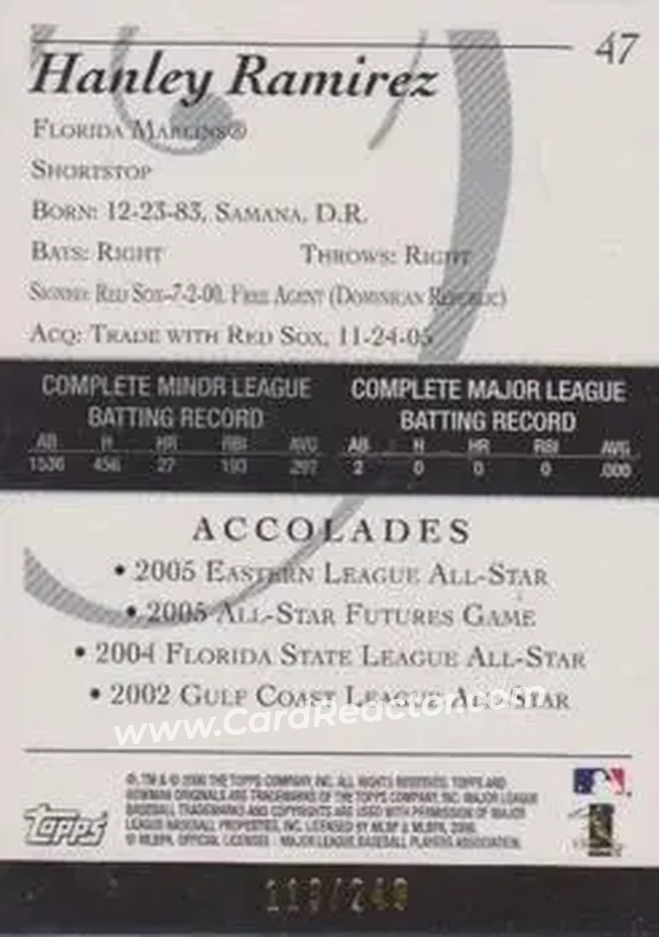 2006 Bowman Originals - Blue #47 - Hanley Ramirez - Florida Marlins - Back 2006 Bowman Originals - Blue #47 - Hanley Ramirez - Florida Marlins - Back
