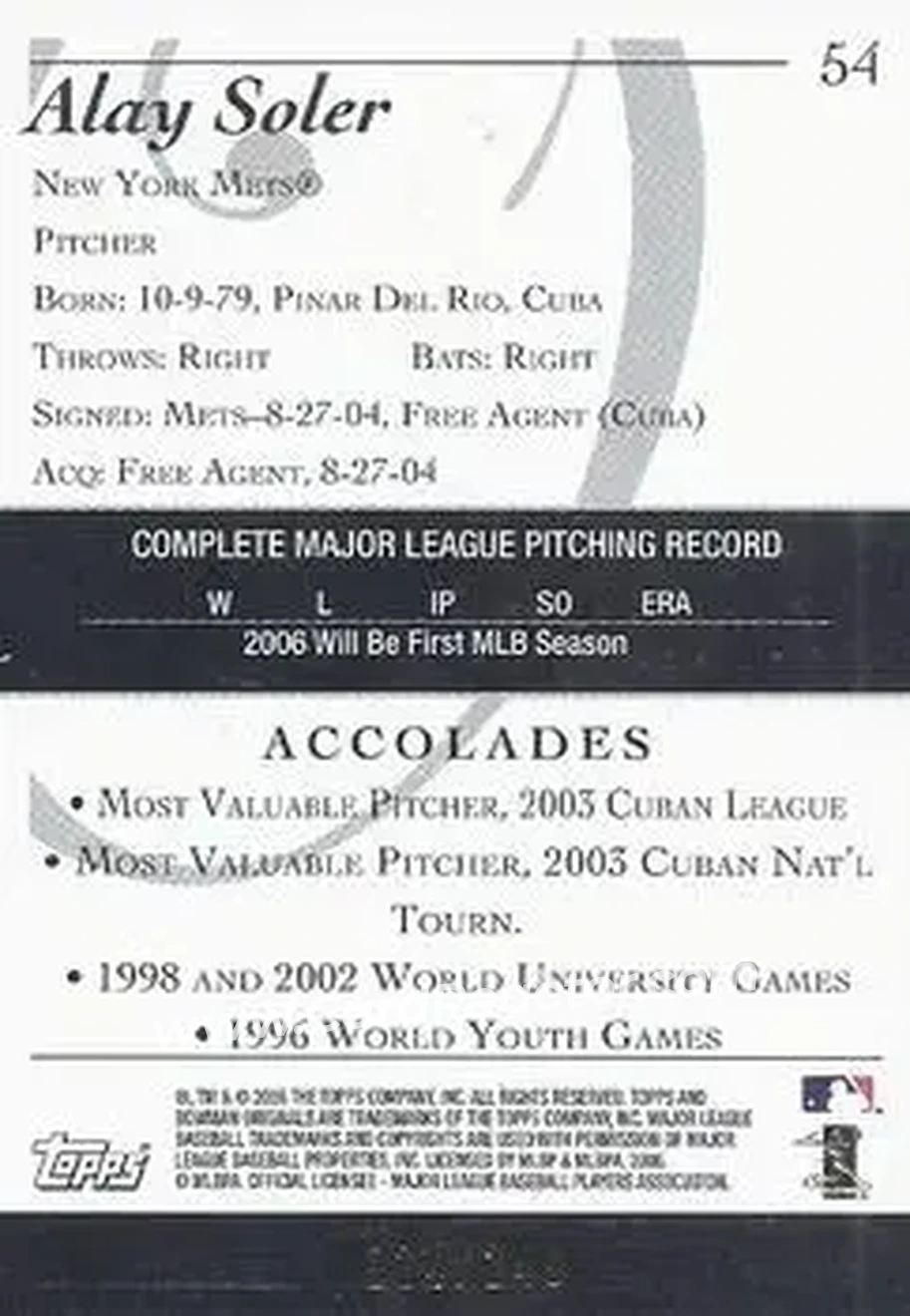 2006 Bowman Originals - Blue #54 - Alay Soler - New York Mets - Back 2006 Bowman Originals - Blue #54 - Alay Soler - New York Mets - Back
