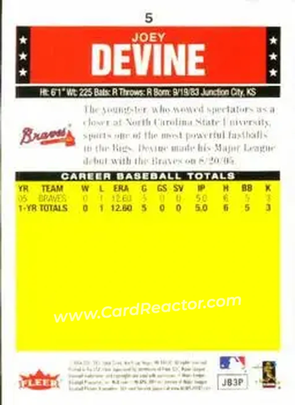 2006 Fleer Tradition #5 - Joey Devine - Atlanta Braves - Back