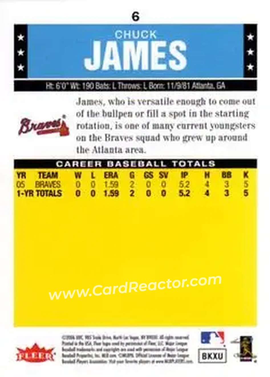 2006 Fleer Tradition #6 - Chuck James - Atlanta Braves - Back 2006 Fleer Tradition #6 - Chuck James - Atlanta Braves - Back