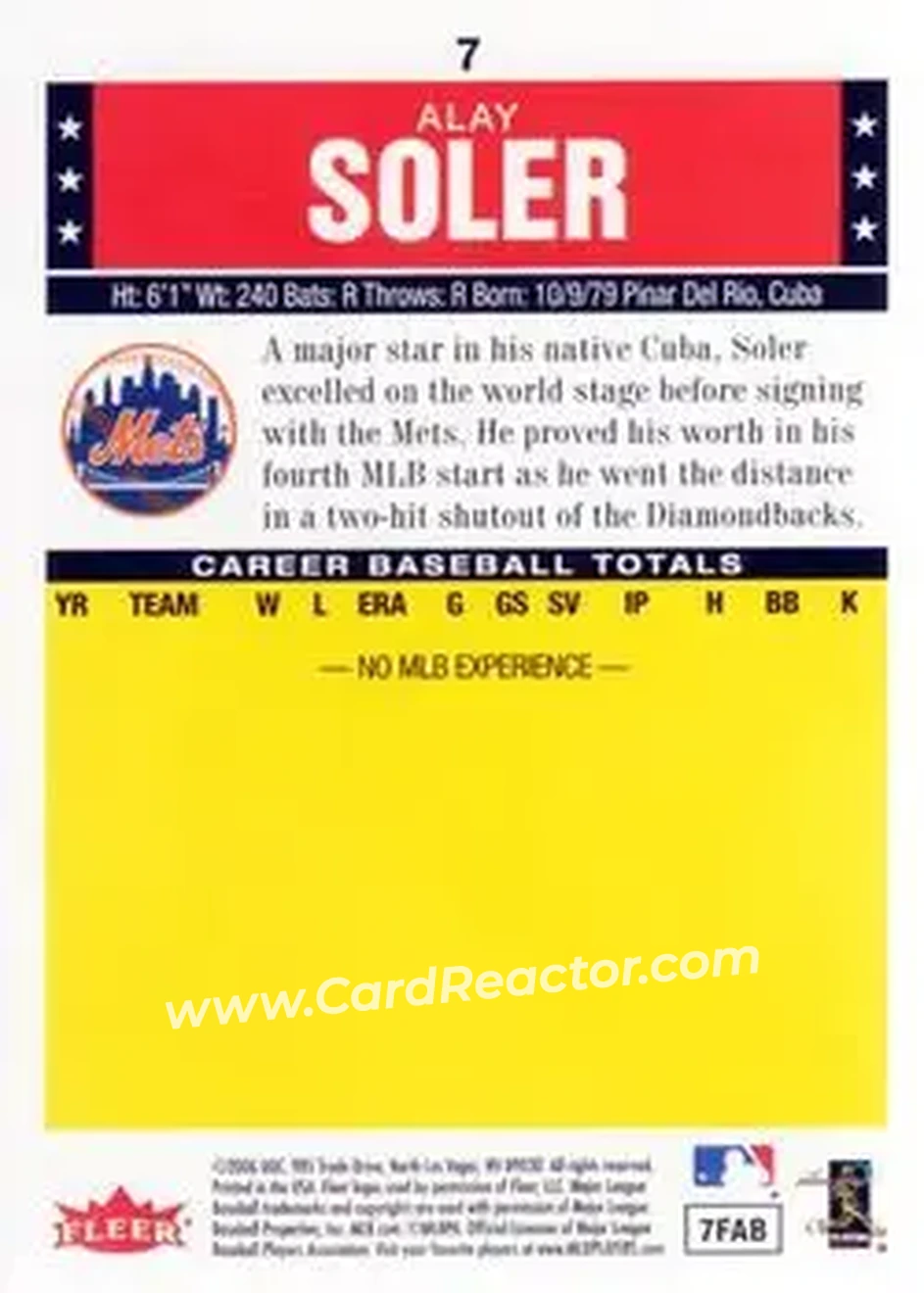 2006 Fleer Tradition #7 - Alay Soler - New York Mets - Back