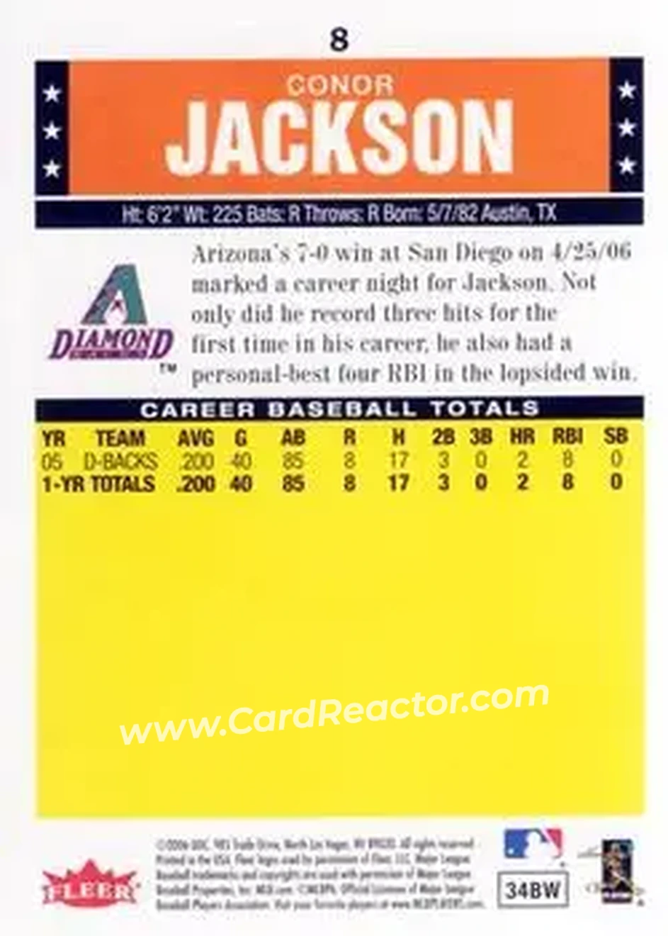 2006 Fleer Tradition #8 - Conor Jackson - Arizona Diamondbacks - Back