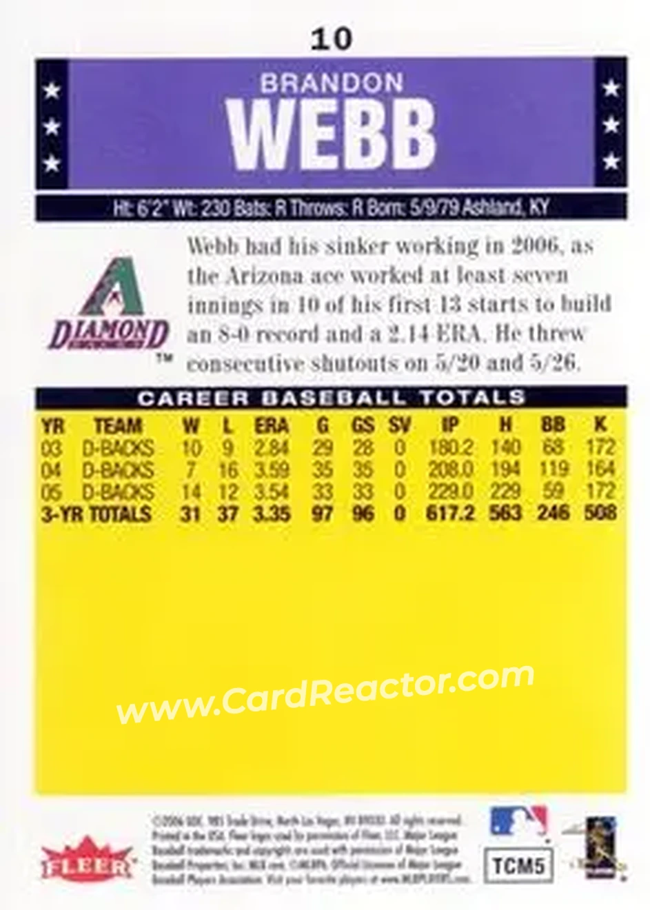 2006 Fleer Tradition #10 - Brandon Webb - Arizona Diamondbacks - Back