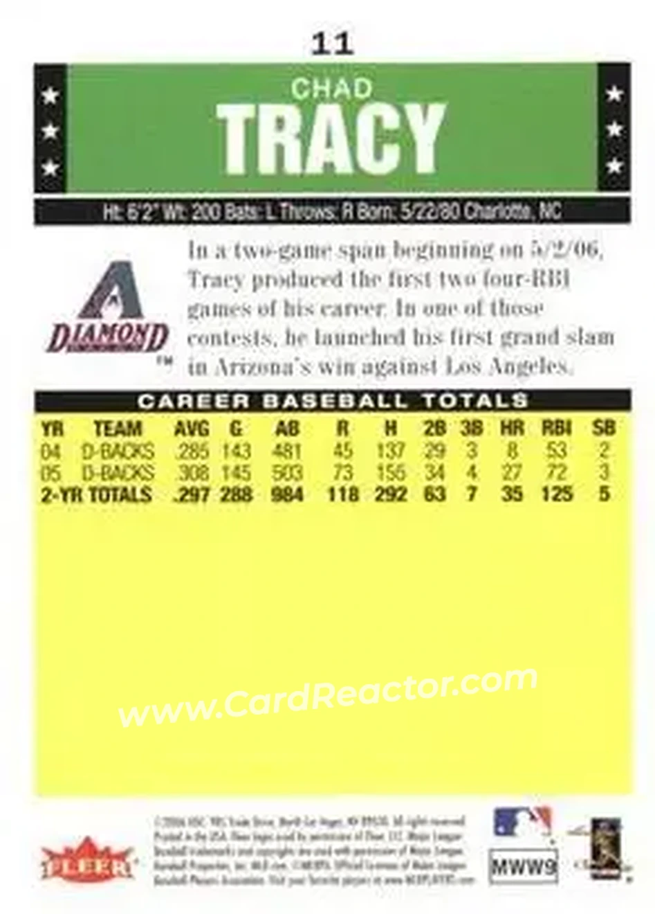 2006 Fleer Tradition #11 - Chad Tracy - Arizona Diamondbacks - Back