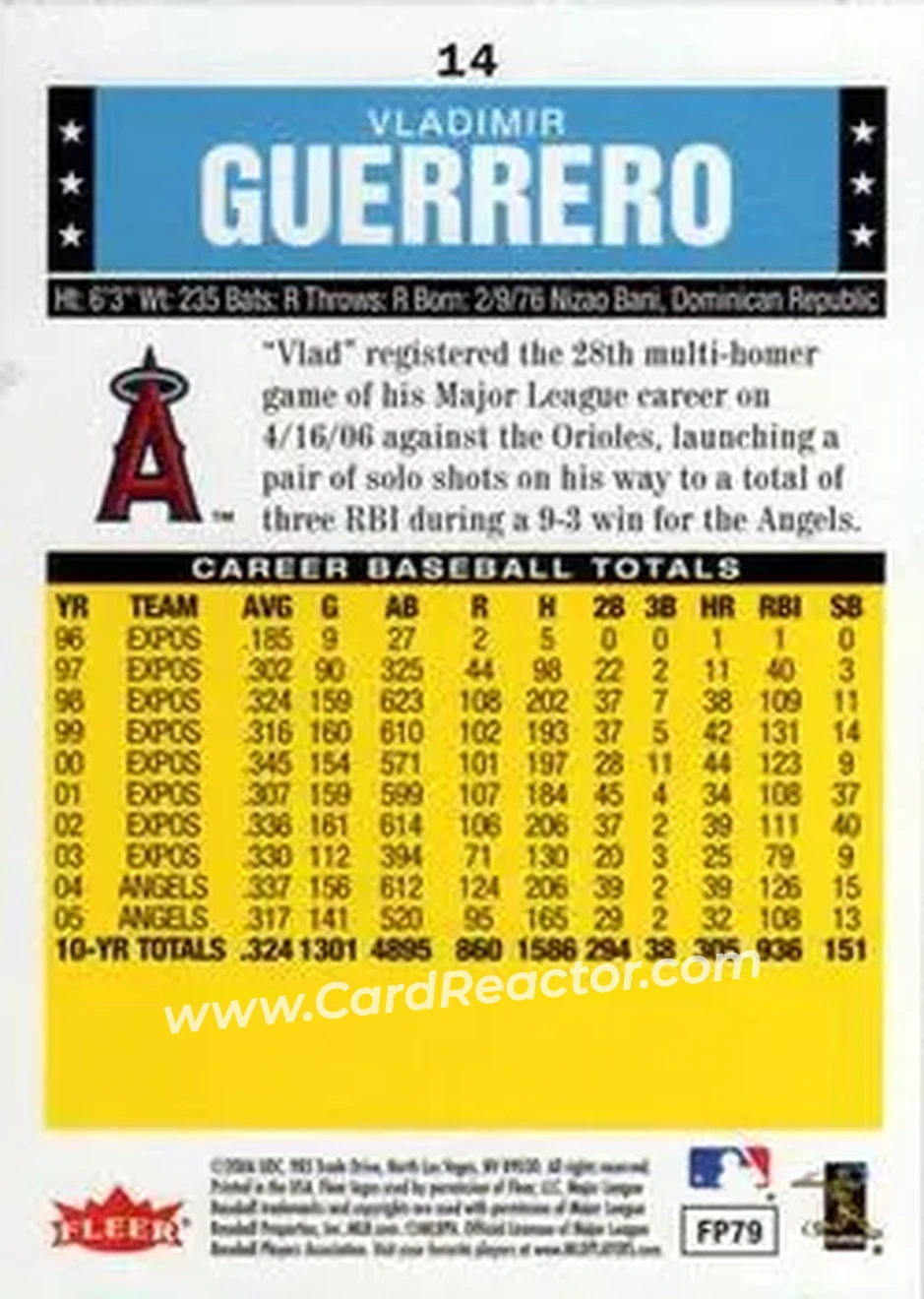 2006 Fleer Tradition #14 - Vladimir Guerrero - Los Angeles Angels - Back