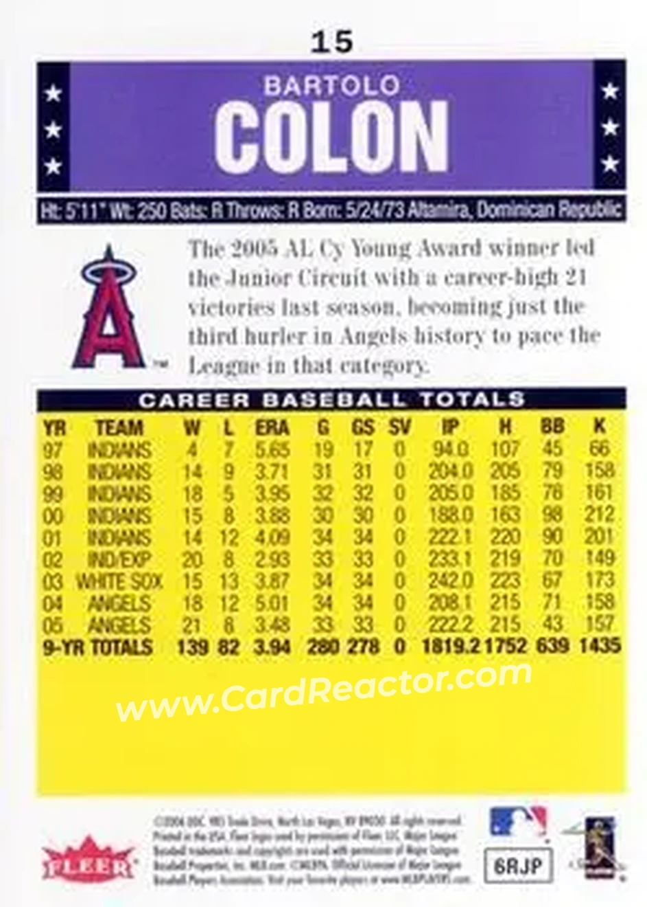 2006 Fleer Tradition #15 - Bartolo Colon - Los Angeles Angels - Back