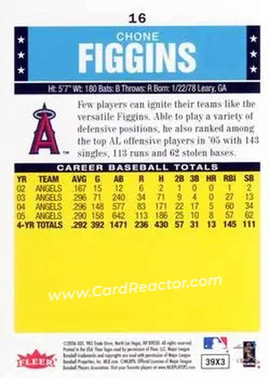 2006 Fleer Tradition #16 - Chone Figgins - Los Angeles Angels - Back