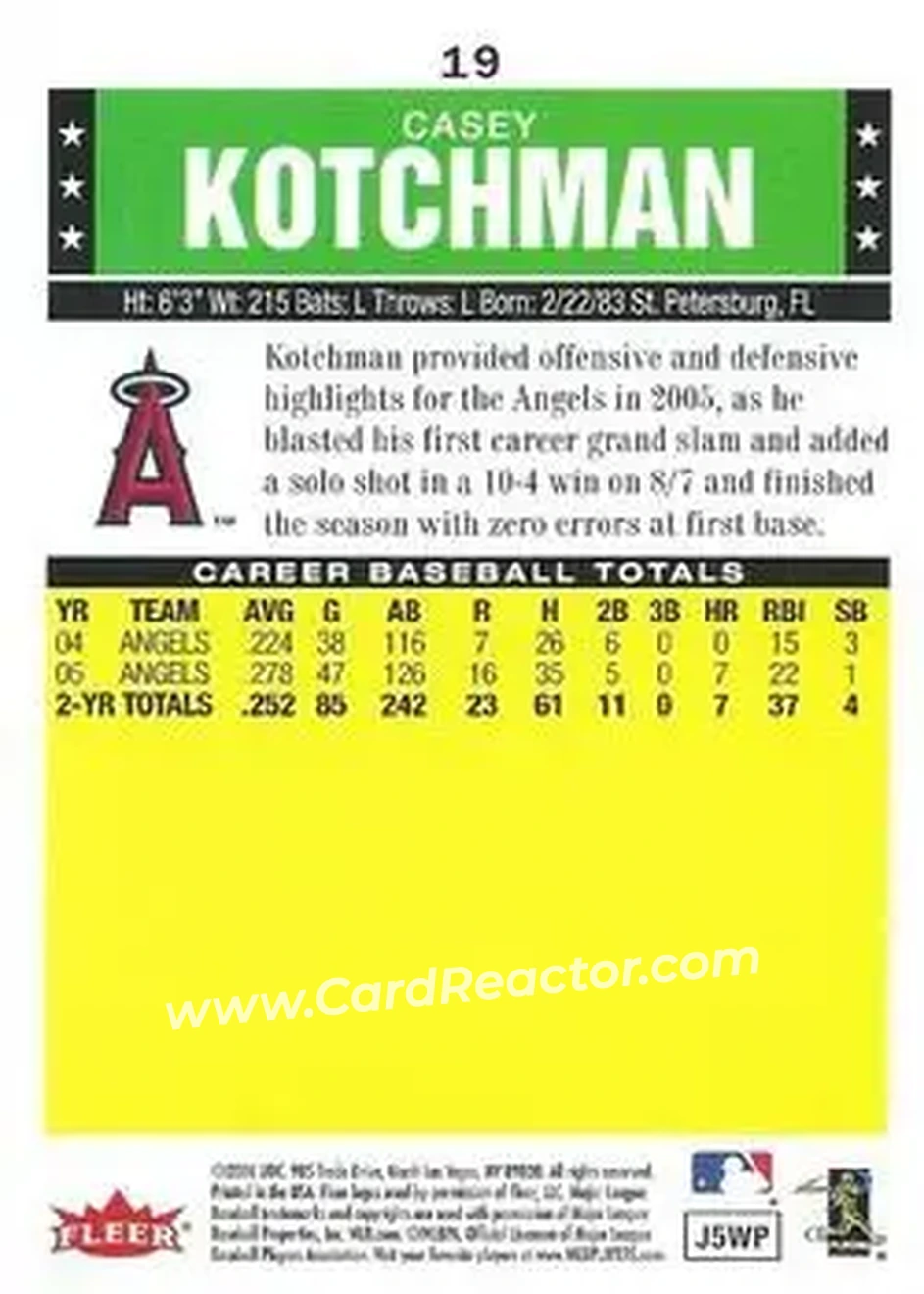 2006 Fleer Tradition #19 - Casey Kotchman - Los Angeles Angels - Back