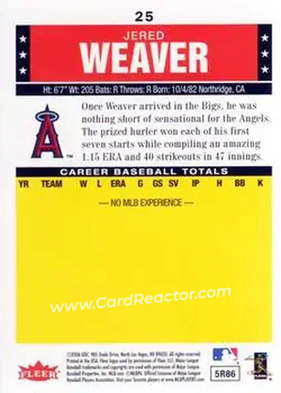 2006 Fleer Tradition #25 - Jered Weaver - Los Angeles Angels - Back