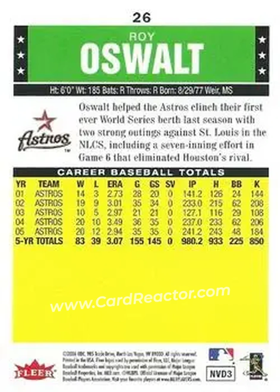 2006 Fleer Tradition #26 - Roy Oswalt - Houston Astros - Back