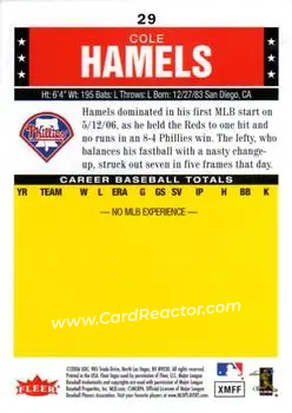 2006 Fleer Tradition #29 - Cole Hamels - Philadelphia Phillies - Back 2006 Fleer Tradition #29 - Cole Hamels - Philadelphia Phillies - Back