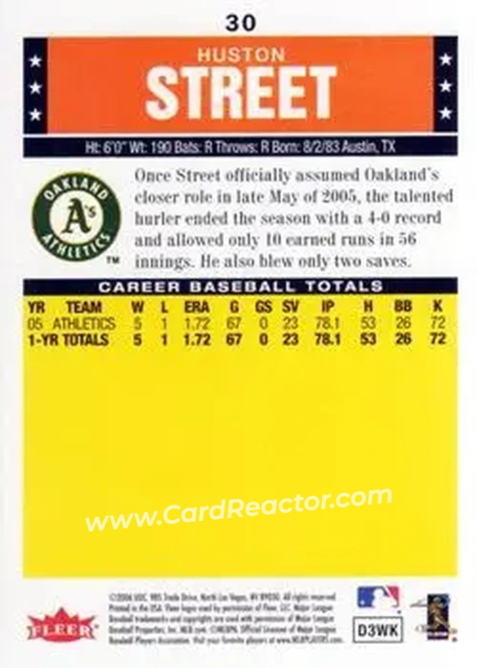 2006 Fleer Tradition #30 - Huston Street - Oakland Athletics - Back