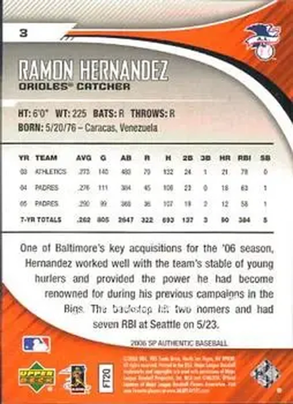 2006 SP Authentic #3 - Ramon Hernandez - Baltimore Orioles - Back