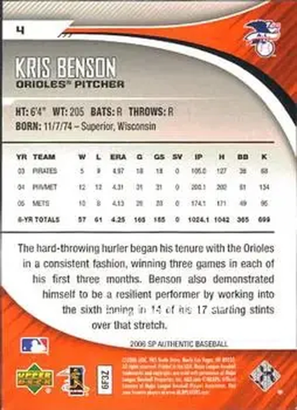 2006 SP Authentic #4 - Kris Benson - Baltimore Orioles - Back 2006 SP Authentic #4 - Kris Benson - Baltimore Orioles - Back
