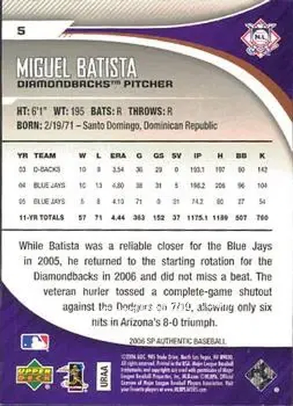 2006 SP Authentic #5 - Miguel Batista - Arizona Diamondbacks - Back 2006 SP Authentic #5 - Miguel Batista - Arizona Diamondbacks - Back