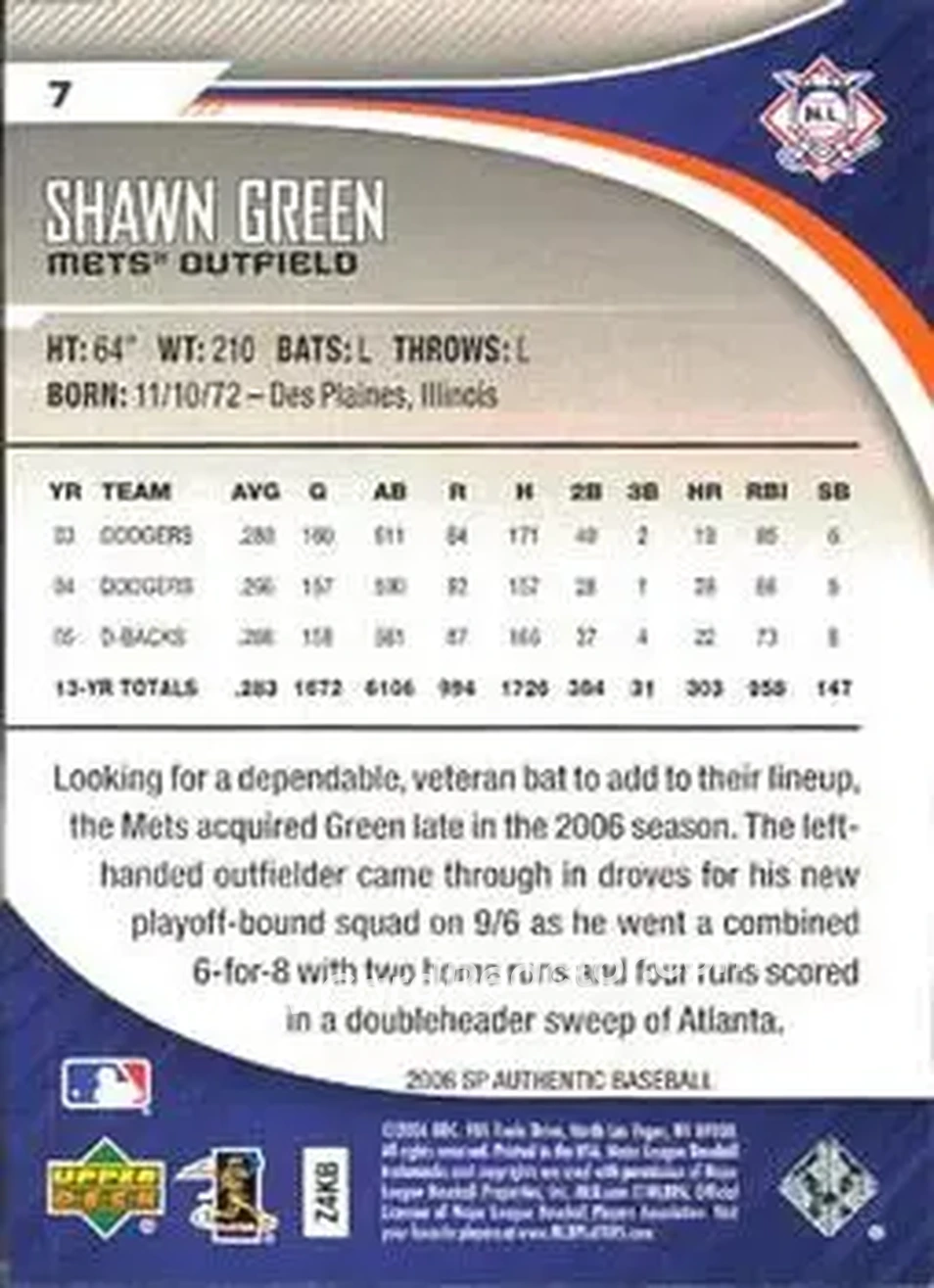 2006 SP Authentic #7 - Shawn Green - New York Mets - Back 2006 SP Authentic #7 - Shawn Green - New York Mets - Back