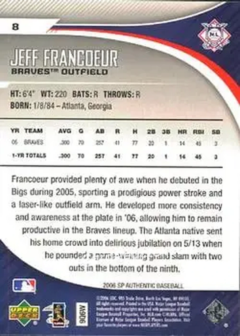 2006 SP Authentic #8 - Jeff Francoeur - Atlanta Braves - Back