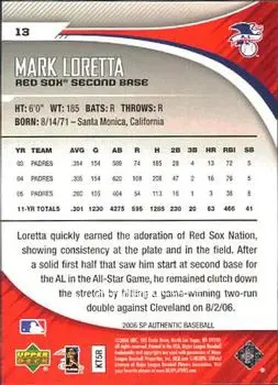 2006 SP Authentic #13 - Mark Loretta - Boston Red Sox - Back