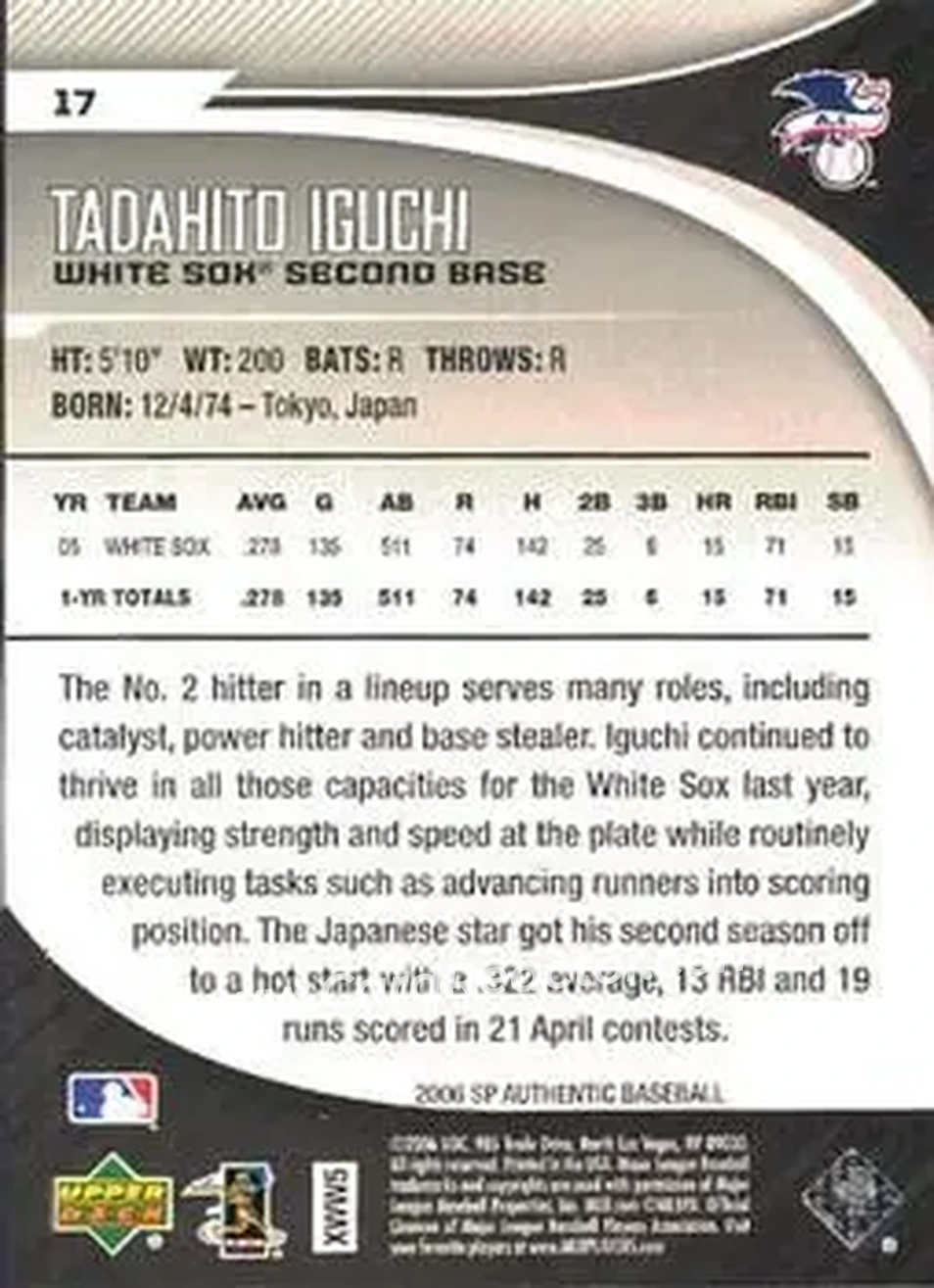 2006 SP Authentic #17 - Tadahito Iguchi - Chicago White Sox - Back